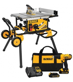 DEWALT 10 Inch Corded Jobsite Table Saw with Rolling Stand & Cordless Drill/Driver Combo Kit Bundle