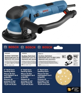 Bosch 6 Inch Dual Mode Random Orbit Sander 120 80 &amp; 60 Grit Hook And Loop Sanding Disc Bundle